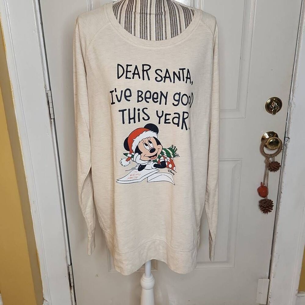 Instart message Minnie mouse Santa I've been good long sleeve beige top Size 1x
